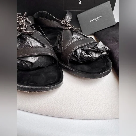 Saint Laurent Black Strappy YSL logo flat sandals black silver 37 + box - Picture 8 of 16
